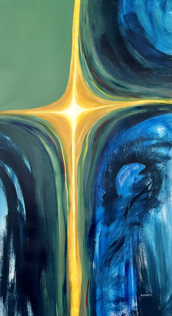 Cross with blue moon, by Stacey Lee Evans